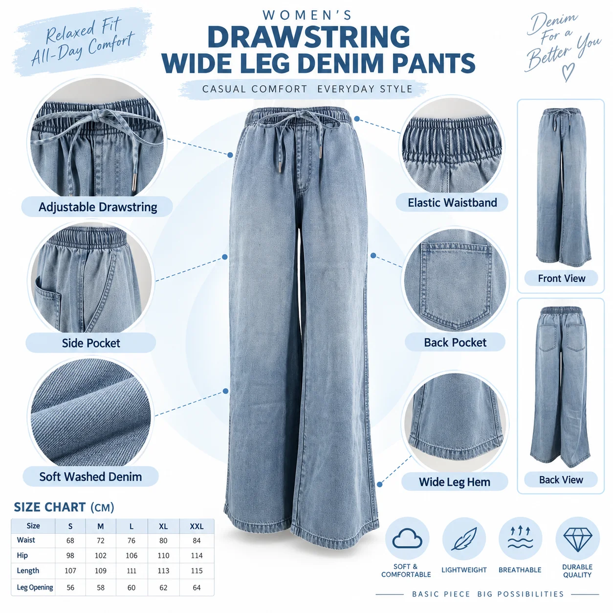 New Trending ODM Womens Light Blue Straight Leg Eco-Friendly Denim Jeans Custom Wholesale High Waist Solid Loose Casual