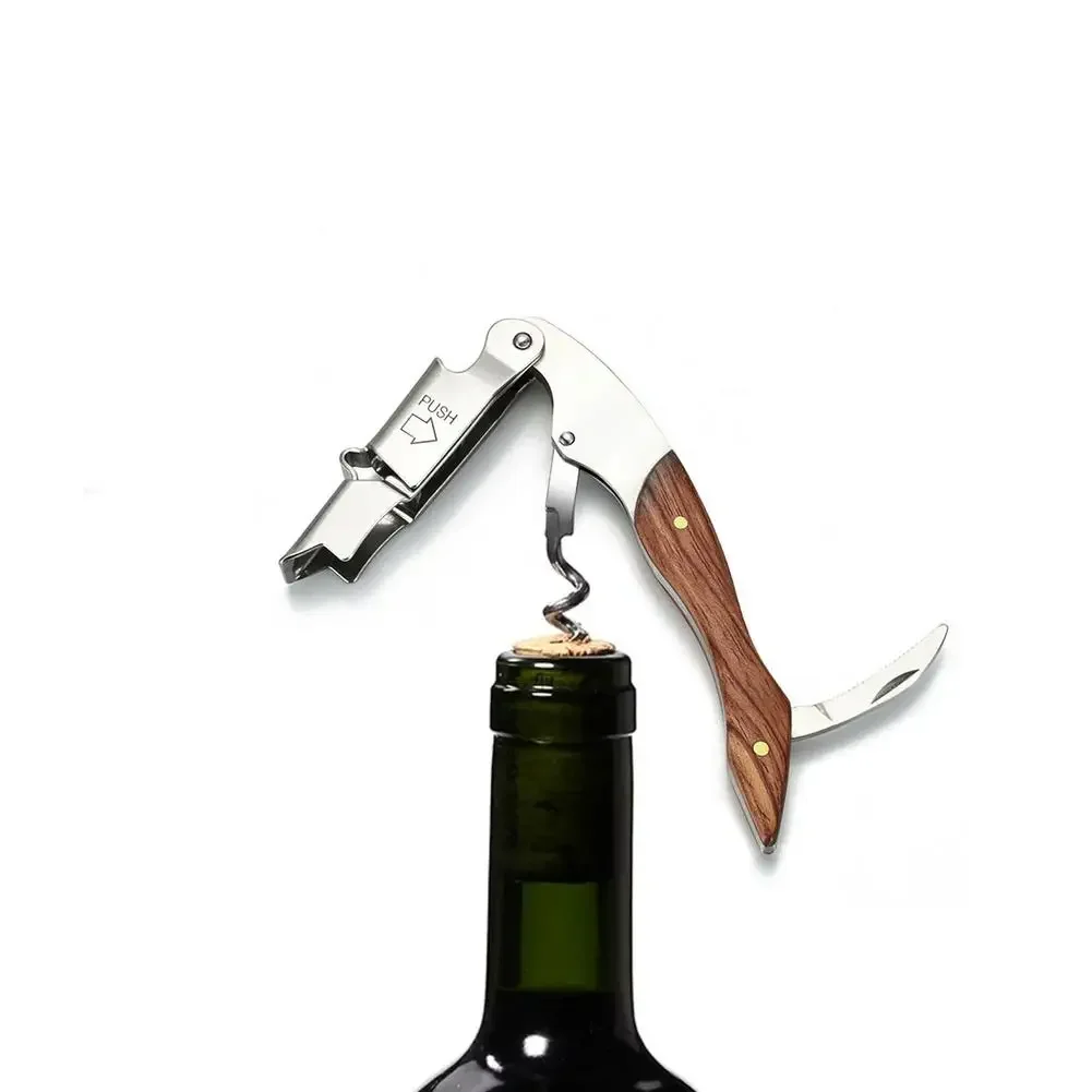 Stainless Steel Corkscrew Wine Bottle Opener Foil Cutter Wood Handle 