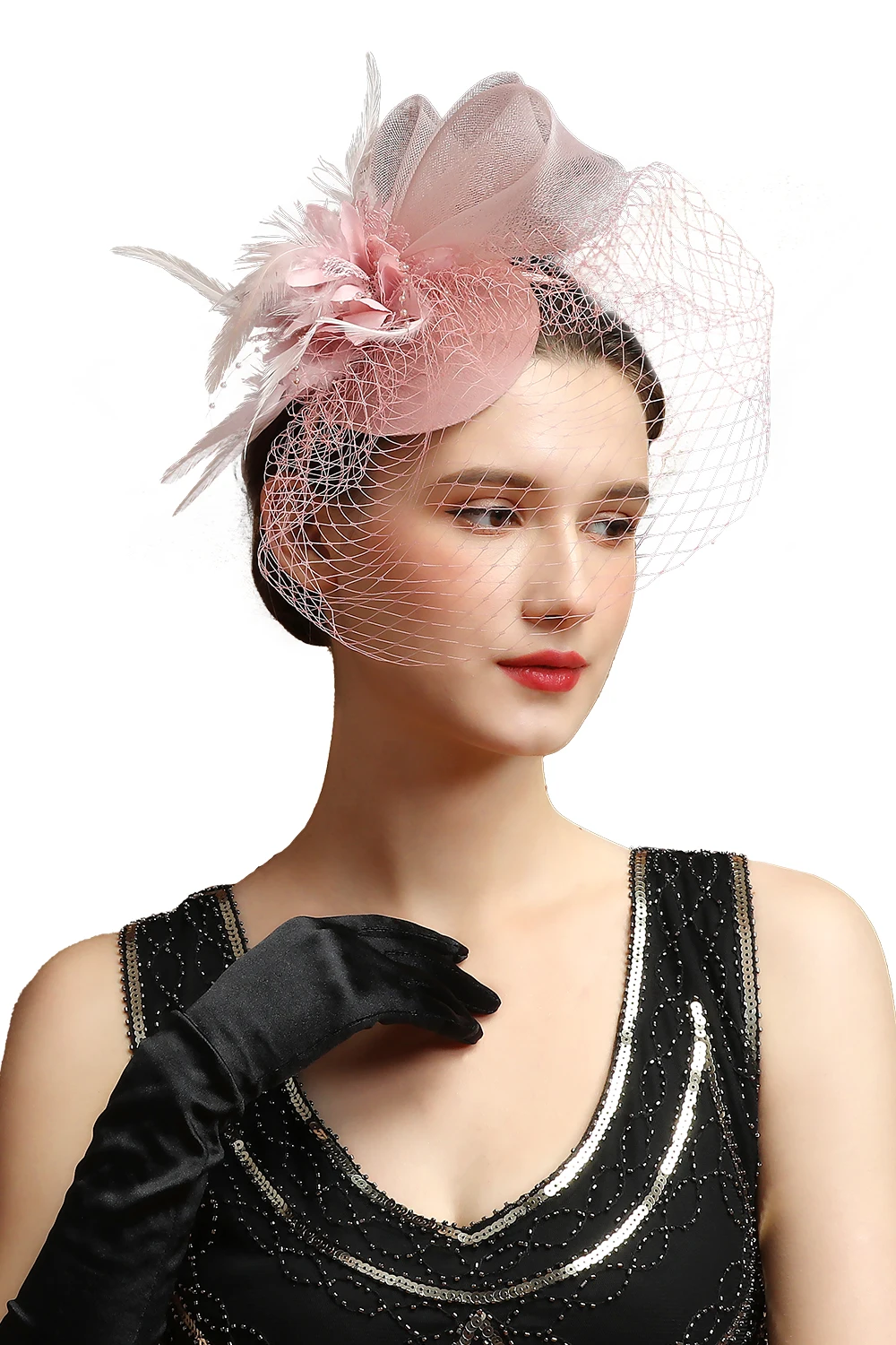 Perfect Retro Hawaiian Elastic Mesh Fascinator Tea Party Flower Feather Fascinator Bride Headband With Veil for Women Ladies
