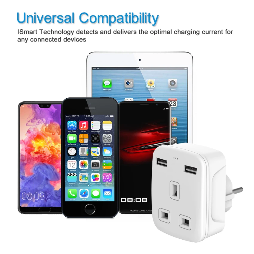 2 USB & USBC Grounded European Power Adapter Travel Adapter UK to EU Europe Plug Adaptor for Germany Spain France Turkey Greece