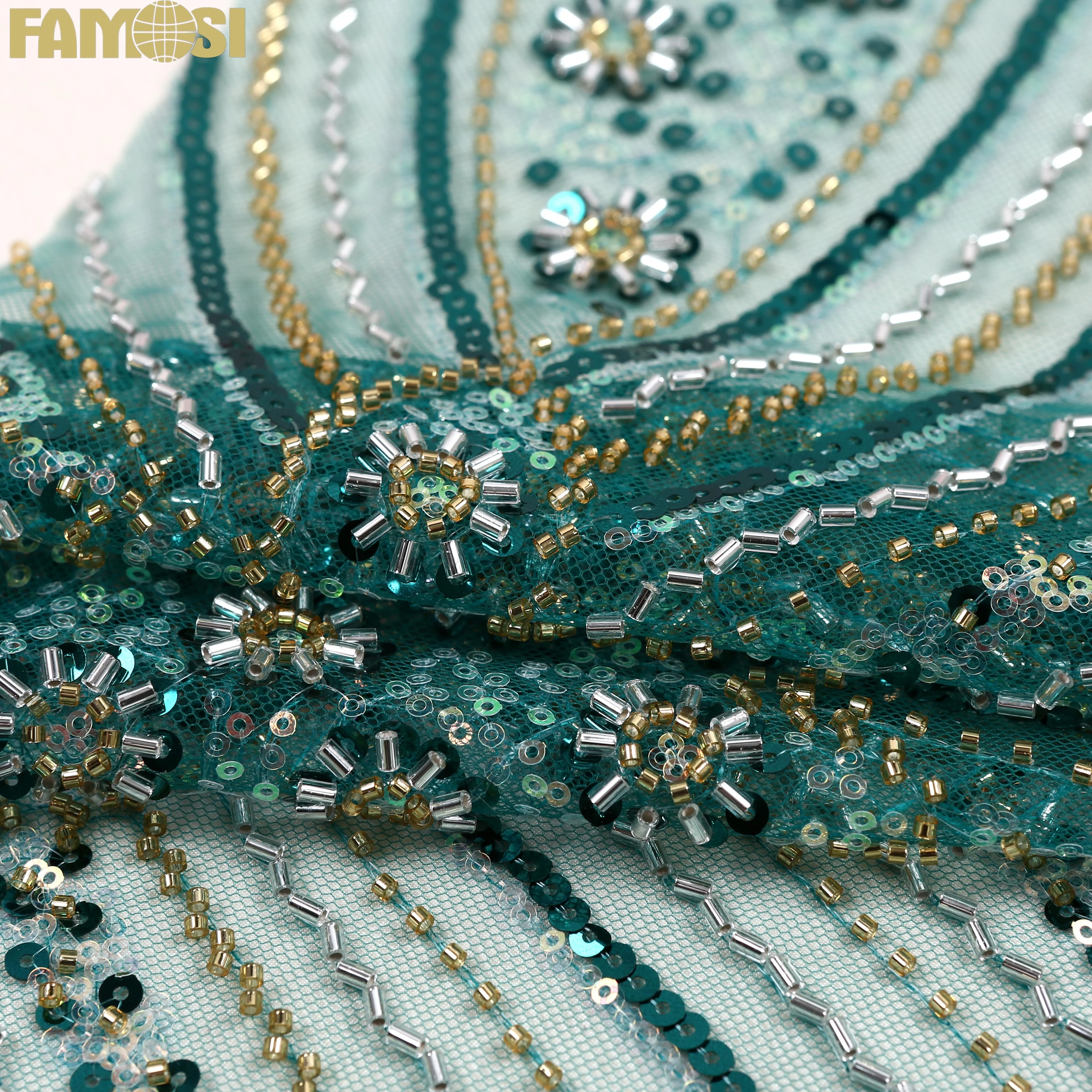 Factory Price Multi Color Heavy Beaded Embroidery Tulle Lace Fabric with Shiny Sequins Wedding Dress for Women