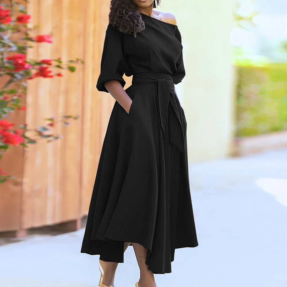 Wholesale New Fashion Women Half Sleeve Dresses Lady Elegant Oblique Shoulder Waist Strap Belt Big Hem A-line Casual Dress Wholesale New Fashion Women Half Sleeve Dresses Lady Elegant Oblique Shoulder Waist Strap Belt Big Hem A-line Casual Dress