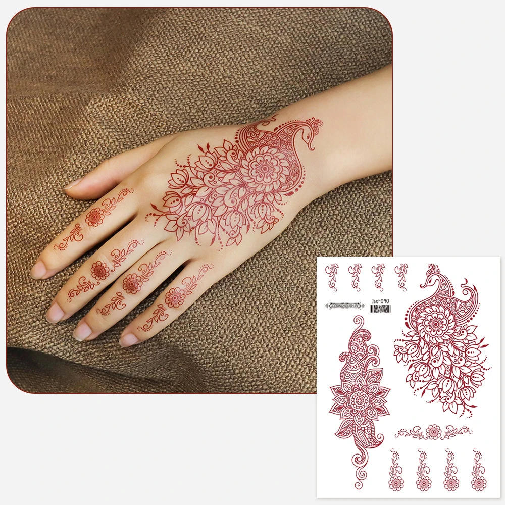 Red Lace Henna Tattoo Sexy Maroon Tattoo Stickers Waterproof India Mehndi  Finger Hand Tattoo, image size:1000x1000