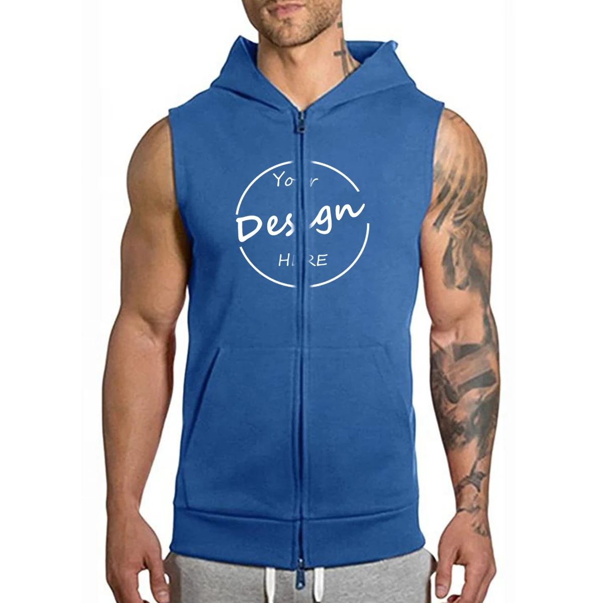 Blank zipper vest workout hooded tank tops bodybuilding muscle men's sleeveless gym hoodie men tank top with hood