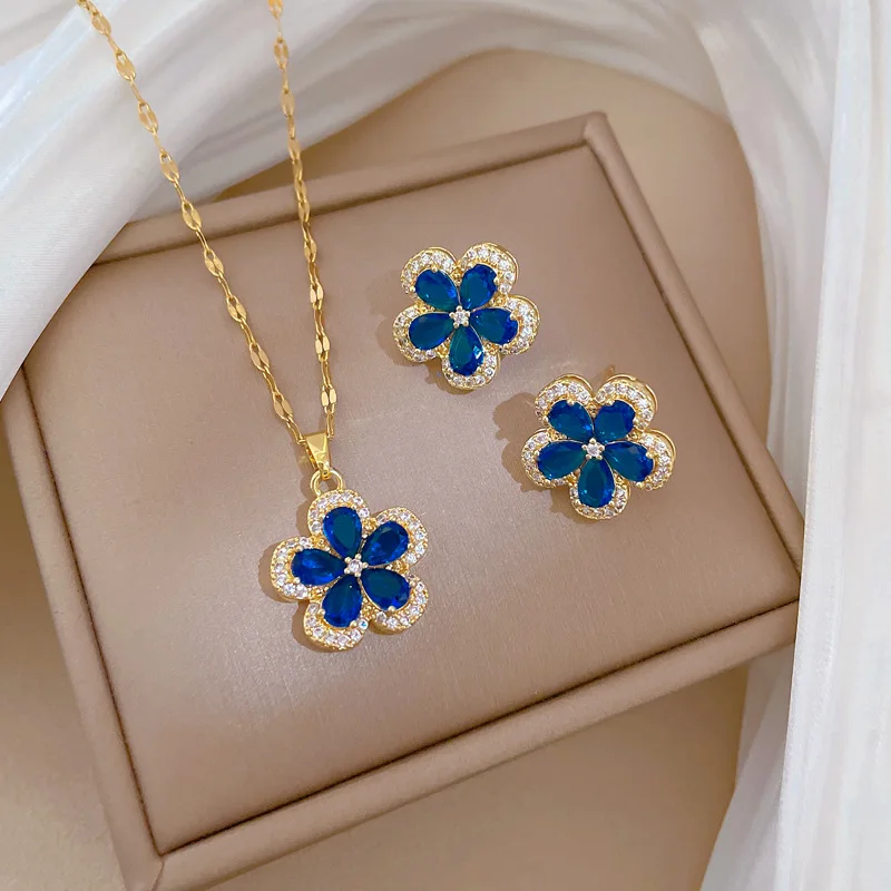 CAIOOCHE Flower Zircon Necklace Earrings Set - Trendy Stainless