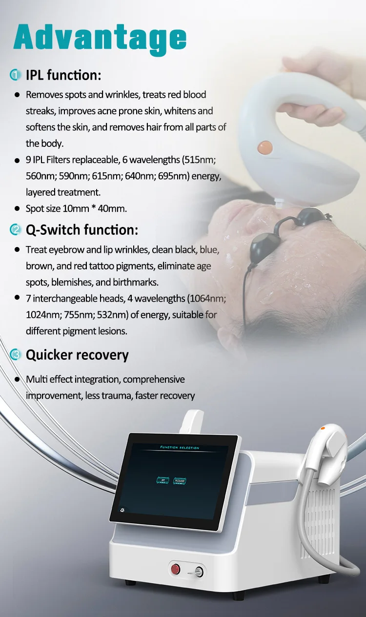 Portable 2 in 1 Q-SWITCH Tattoo Removal Carbon Peeling Skin Whitening Machine/ Fast IPL Hair Removal Machine