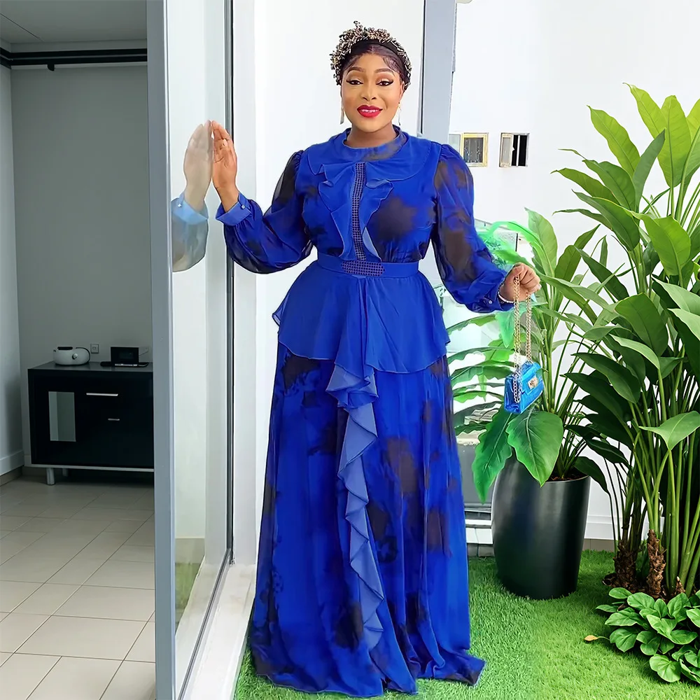 African Women Clothing Vintage Ruffles Plus Size Long Sleeve Maxi