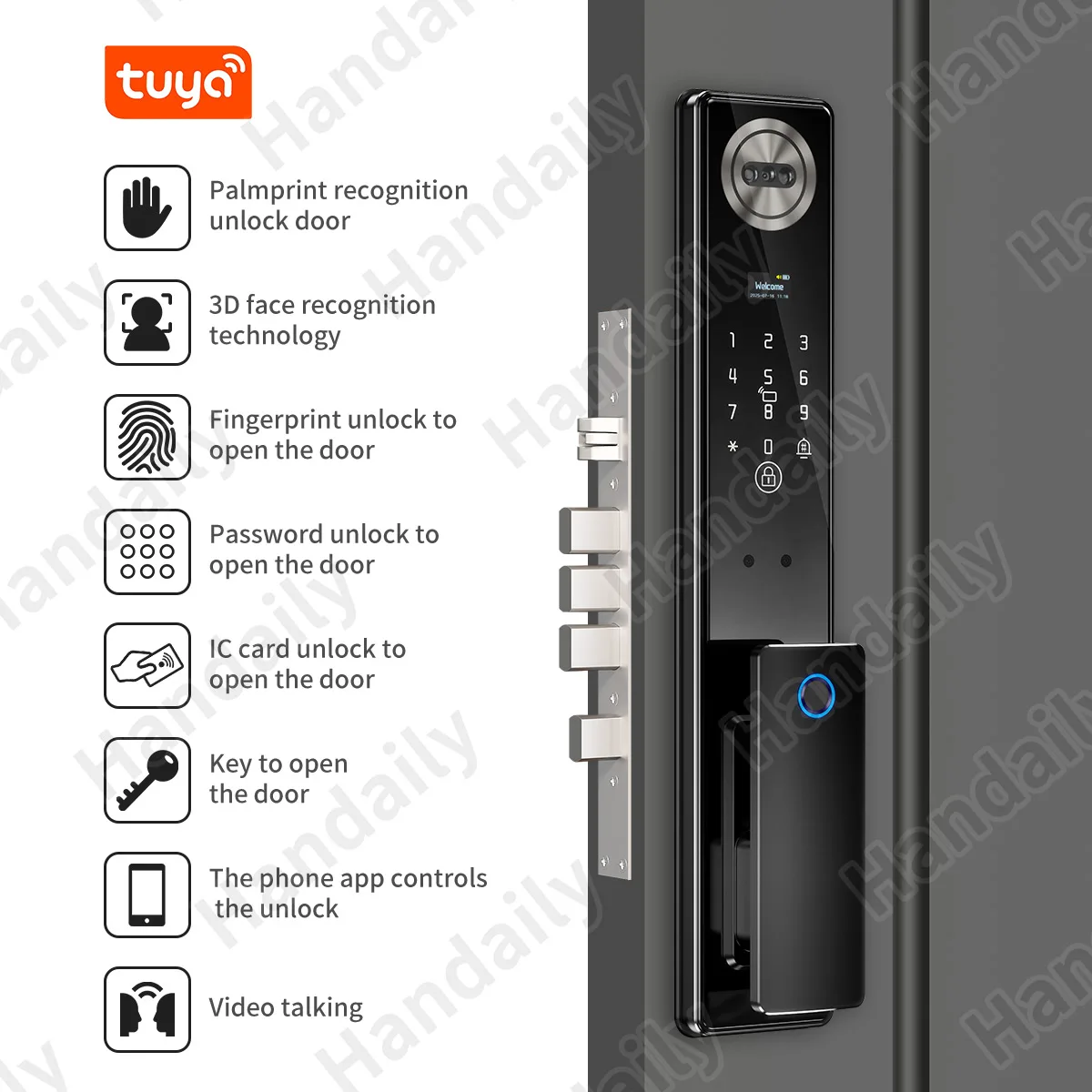 Handaily Palm Face Recognition Door Lock for Home Fingerprint Tuya App Remote Control Video Intercom Smart Lock Multi-Language C11