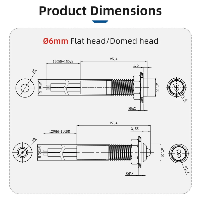 220V IP67 Panel Control LED Indicator Light 15cm Wire Red Green 6mm 10mm 12mm 16mm 22mm 25mm Pilots Metal 8mm Mounting Hole