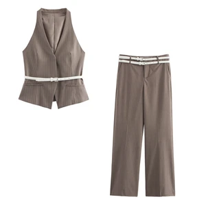 2025 Women's Fashion Two-Piece Set with Belt Striped Waistcoat Top and Low Waist Side Pockets Pants Female Striped Outfit