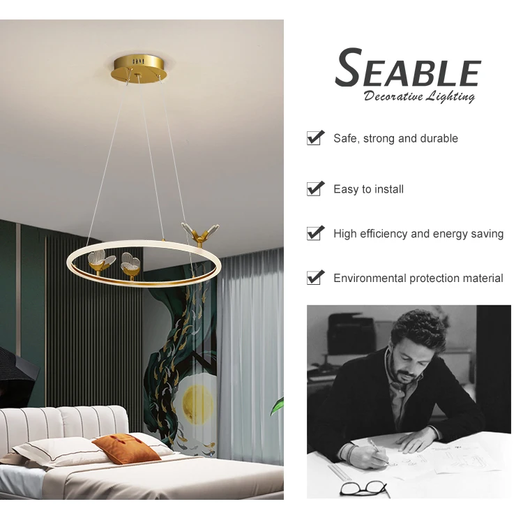 Simple Hanging Decoration Indoor Bedroom Black Gold White Iron Acrylic Modern LED Chandelier Light