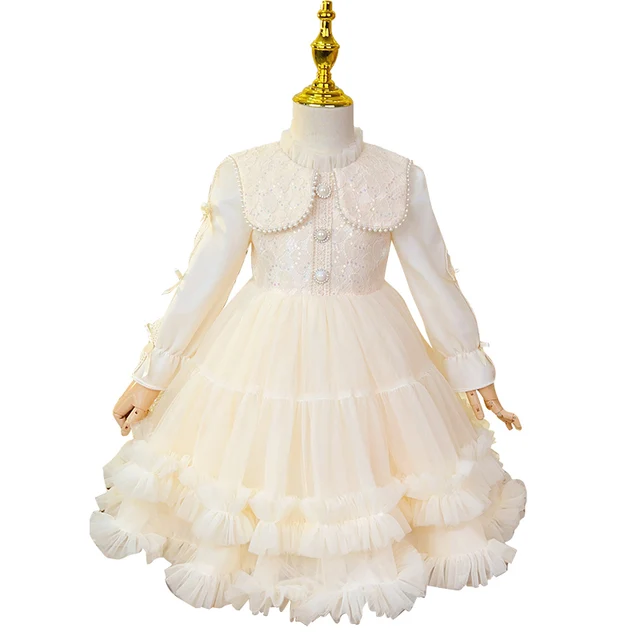 Factory wholesale Long Sleeved Beading Children's Evening Dress Pearl Tiered princess dress for girl luxury