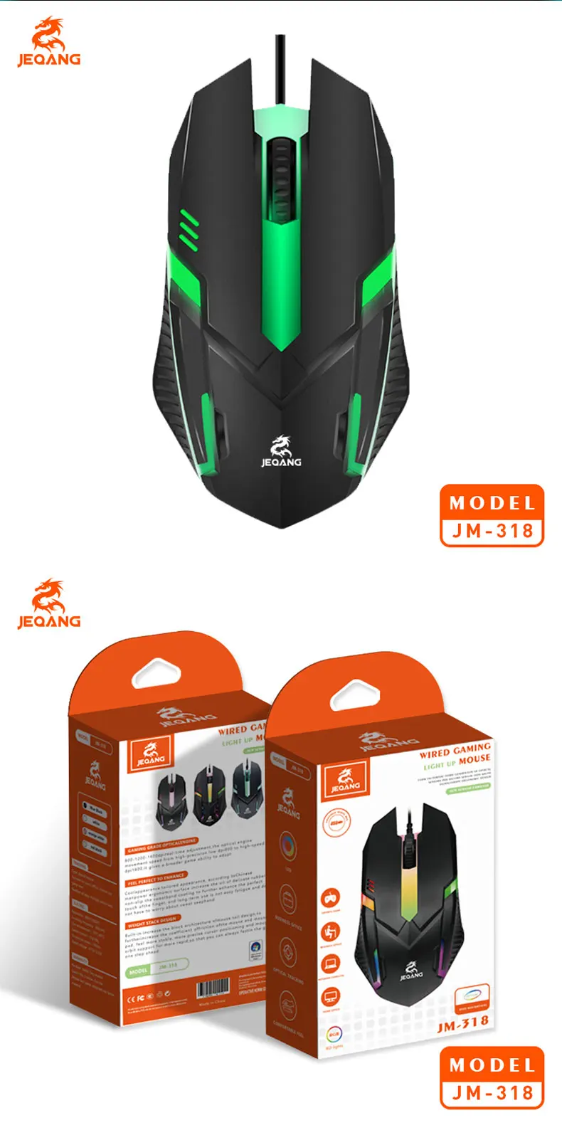 Jeqang Wired Optical RGB Mouse with LED Backlit for Gaming on PC or Laptops USB Interface Stocked