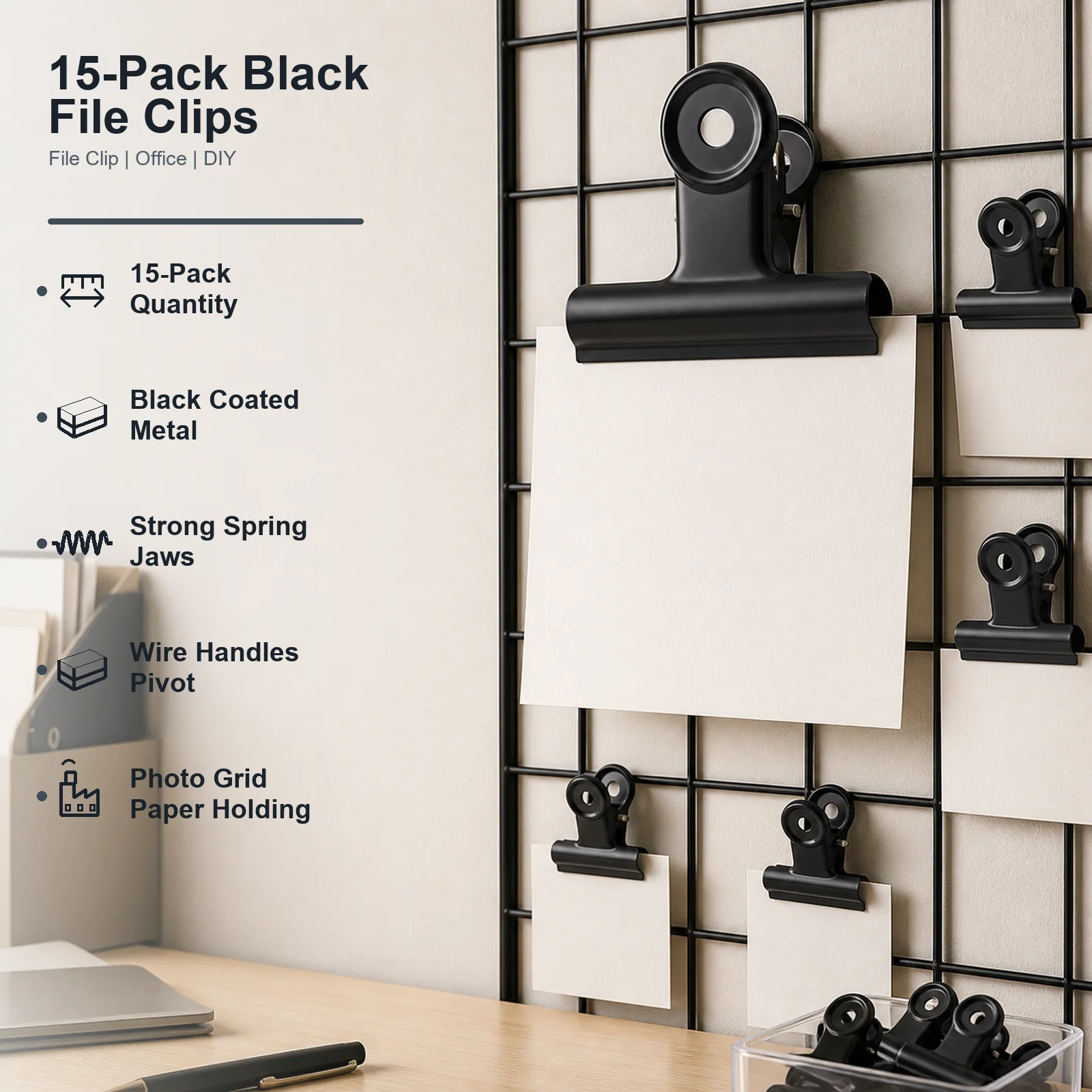 15-Pack Black Metal Bulldog File Clips Spring Clamp for Office School Photo Grid DIY Paper Organization Display