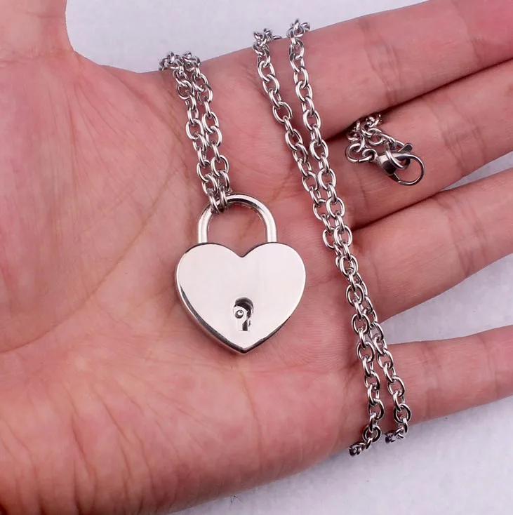 Source stainless steel heart lock and key chain necklace padlock