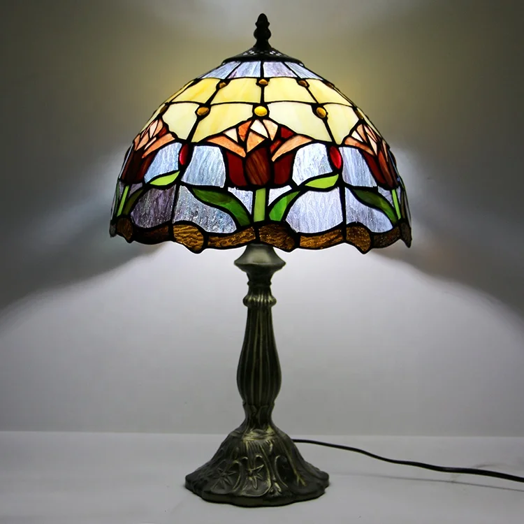 LongHuiJing Tiffany style Lamps 18 Inch Tall Colourful Stained Glass lampshade Desk Light Accent Antique Tulip Style Art lamps