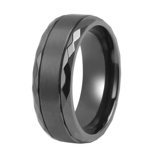 Never Fade Black Zirconium with Brushed Faceted Edges Stainless Steel Mens Jewelry Eternity Titanium Ring