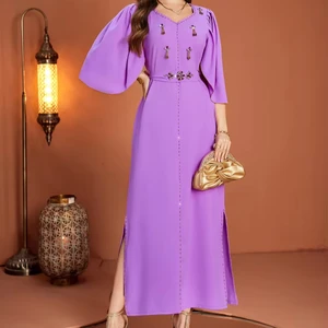 New Purple Long V-neck Long Sleeve Glass Rhinestone Embroidered Muslim Robe Dress
