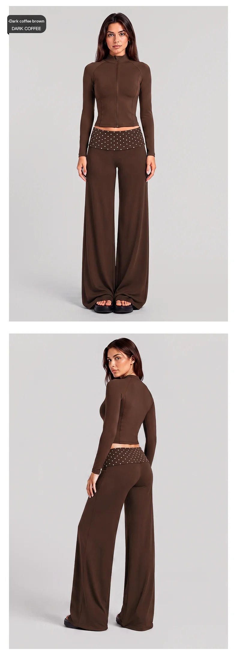 Women Slim Fit Yoga Set Quick Dry Zip up Stand Collar Jacket Wide Leg Pants Contrast Polka Dot Waistband 2 Piece Outfit — detail