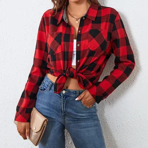 Women's Casual Long Sleeve Flannel Top with Front Logo Large Plaid Shirt for Spring Autumn Simple Formal Office Wear