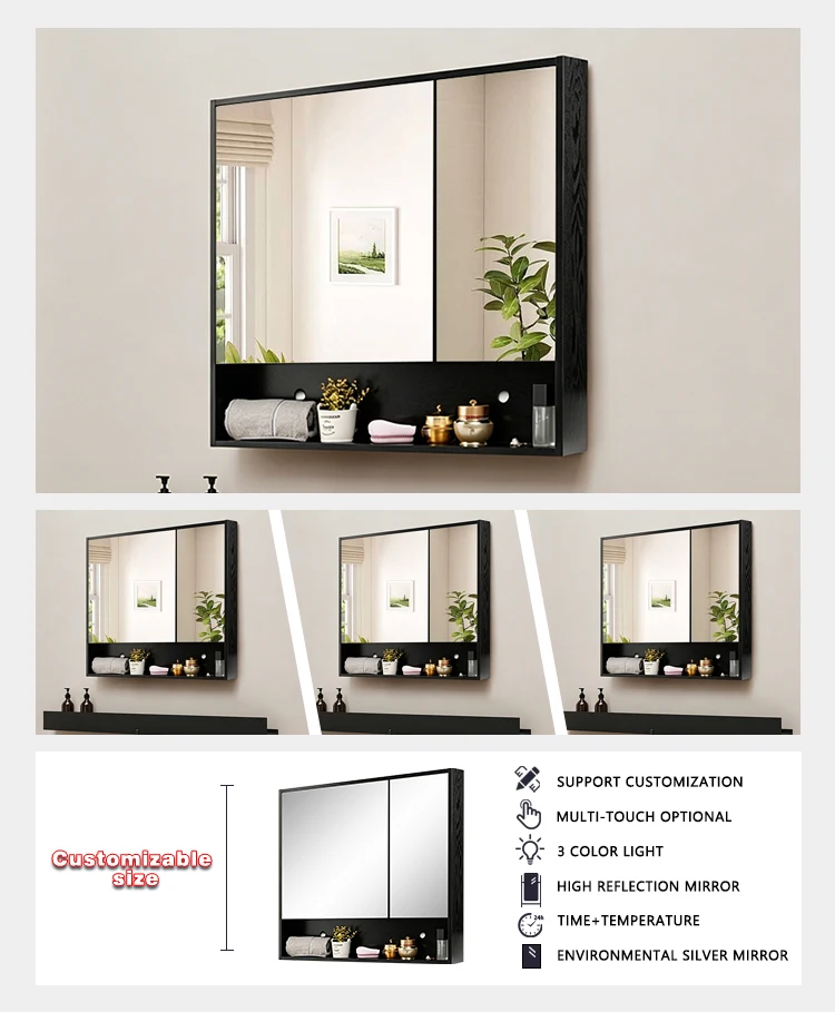 product hotel black bathroom medicine cabinet mirrored 2 door 30x26 inch aluminium bathroom mirror cabinet with adjustable glass shelves-4
