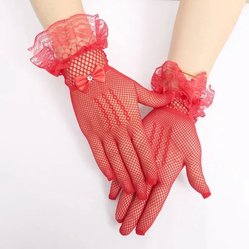 Bridal Wedding Gloves Fishnet Bow Wedding Dress Gloves Elastic Openwork  Ceremonial Lace Gloves