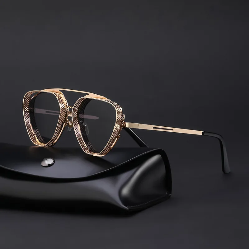 BOOM Retro Steampunk Summer Sunglasses for Men New Style Irregular Hollow Out Shades with Gray Metal Temple