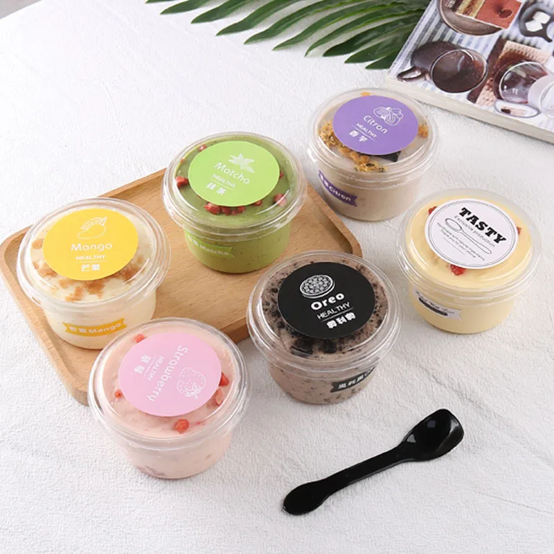 Ice Cream Yogurt Mousse Cup Jelly Pudding Custard Cake Baked Goods Grade Blister PET Dessert Packaging Round Cup with Spoon