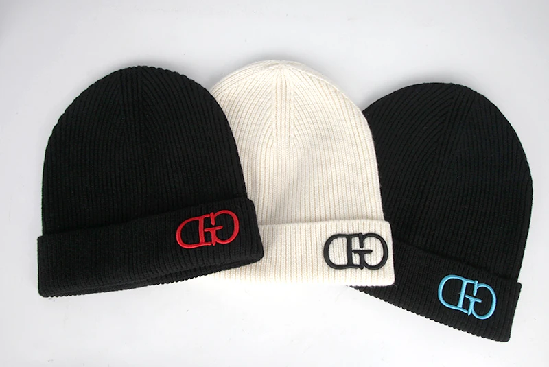 Custom 3D Embroidery Logo Merino Wool Knit Beanie Hat Autumn Winter Style With Character Pattern and Plaid Design for Business