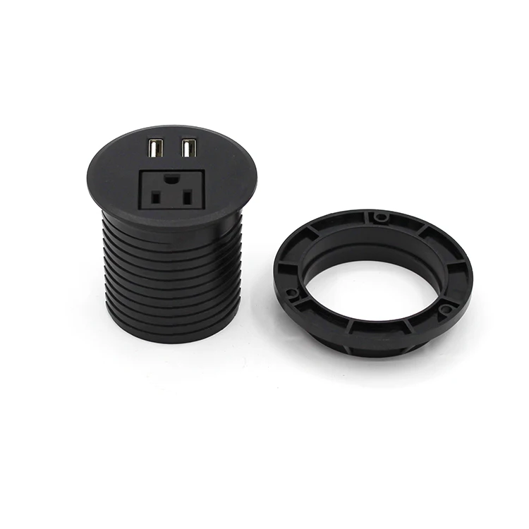 US Round Shape Power Single Outlet Socket With 2 USB Charging Port Black Color With 10ft Cord One 1 Outlets