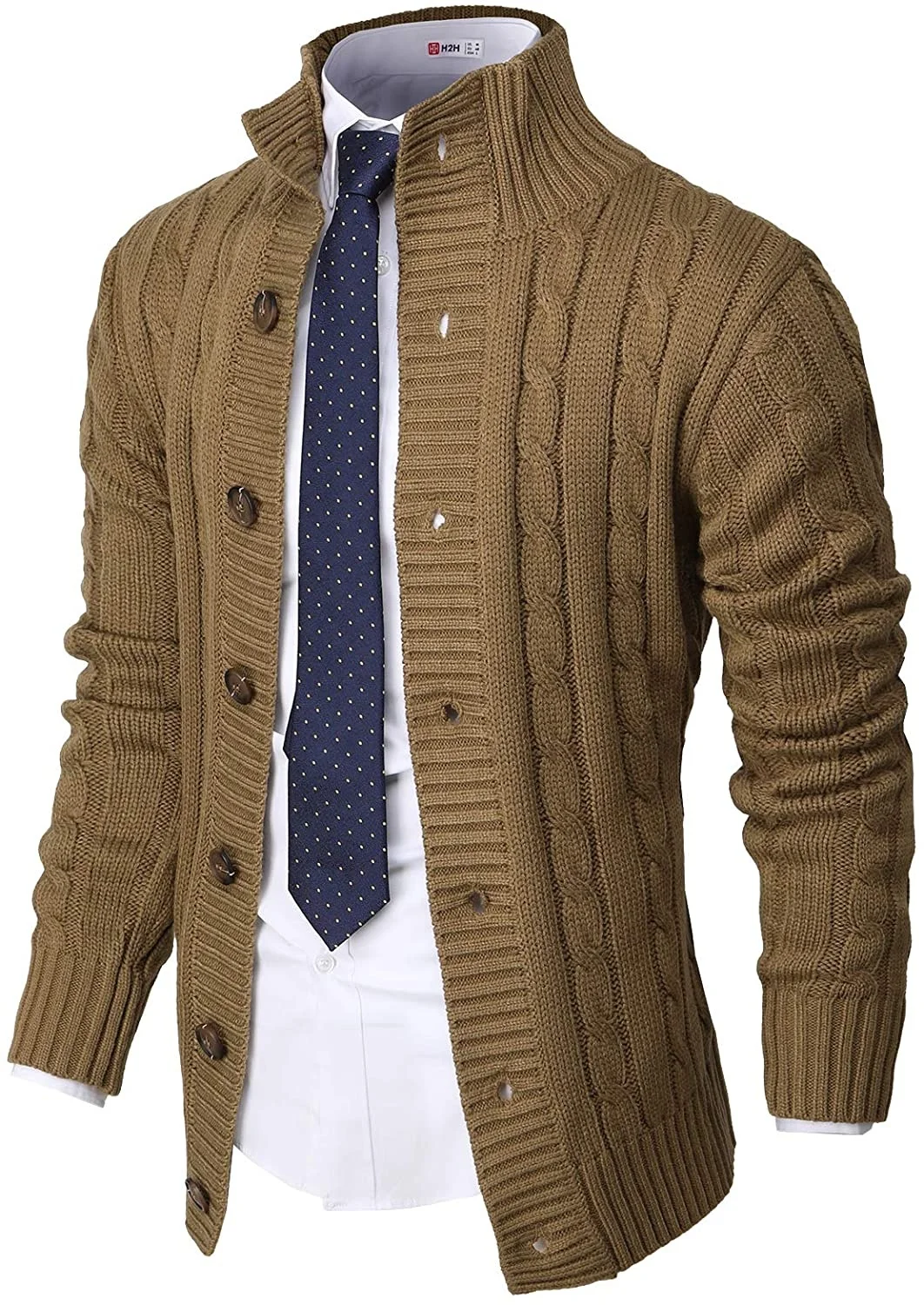 2024 Mens Casual Classic Cardigan With Stand Collar Cable Knitted Down ...