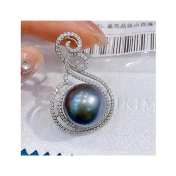 Simple Real Black Round Big Pearl Fashion Zircon Inlaid Silver Plated Pendant For Jewelry