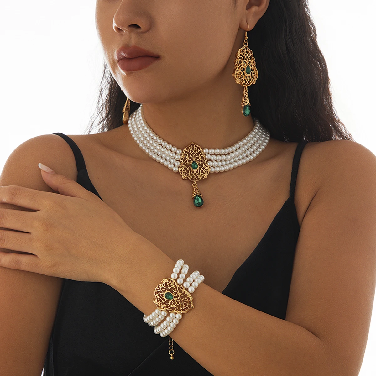 Elegant Imitated Pearl with Multi Color Crystal Choker Necklace Bracelet Earrings Set for Women Trendy Charms Wedding Jewelry