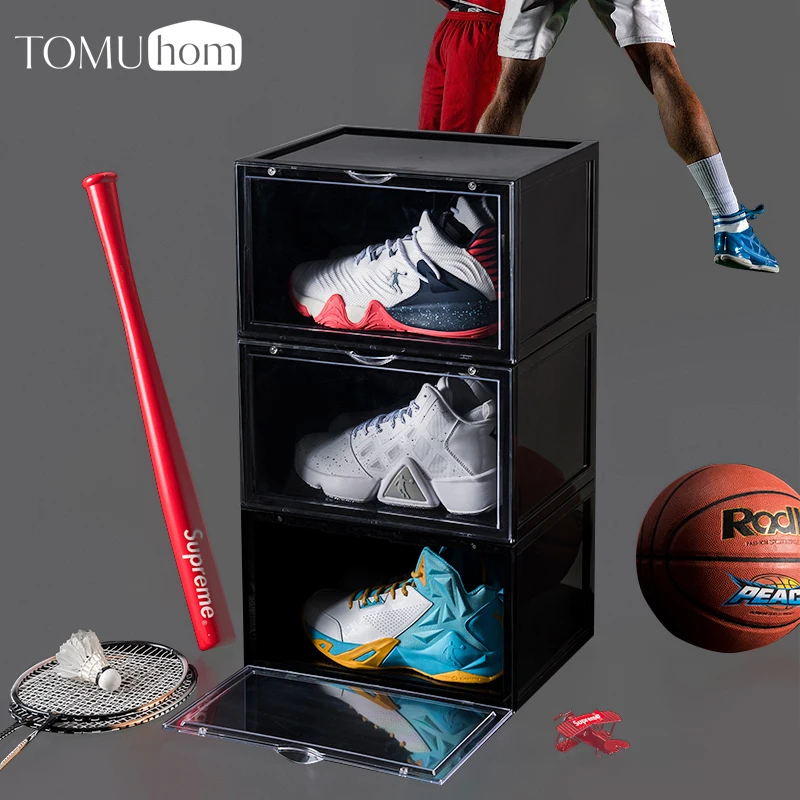 TOP Custom Stackable Container Dustproof Acrylic Shoe Storage Box Transparent Display Case Shoes Plastic Sneaker Box  with logo