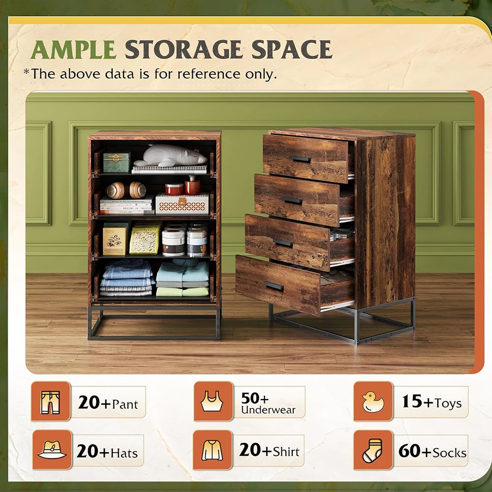 product modern wood dresser with 4 drawers tall sturdy metal frame wooden chest for bedroom  living room brown oak-6