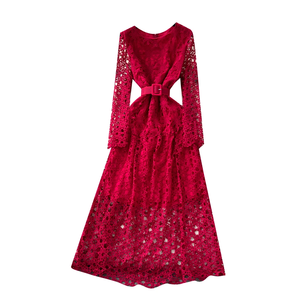 Summer Roman O-Neck A-Line Midi Dress for Women Hollow Out Lace Dress|  Alibaba.com