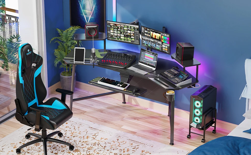 Led Lights Wing-Shaped Studio Desk with Dual Headphone Hanger