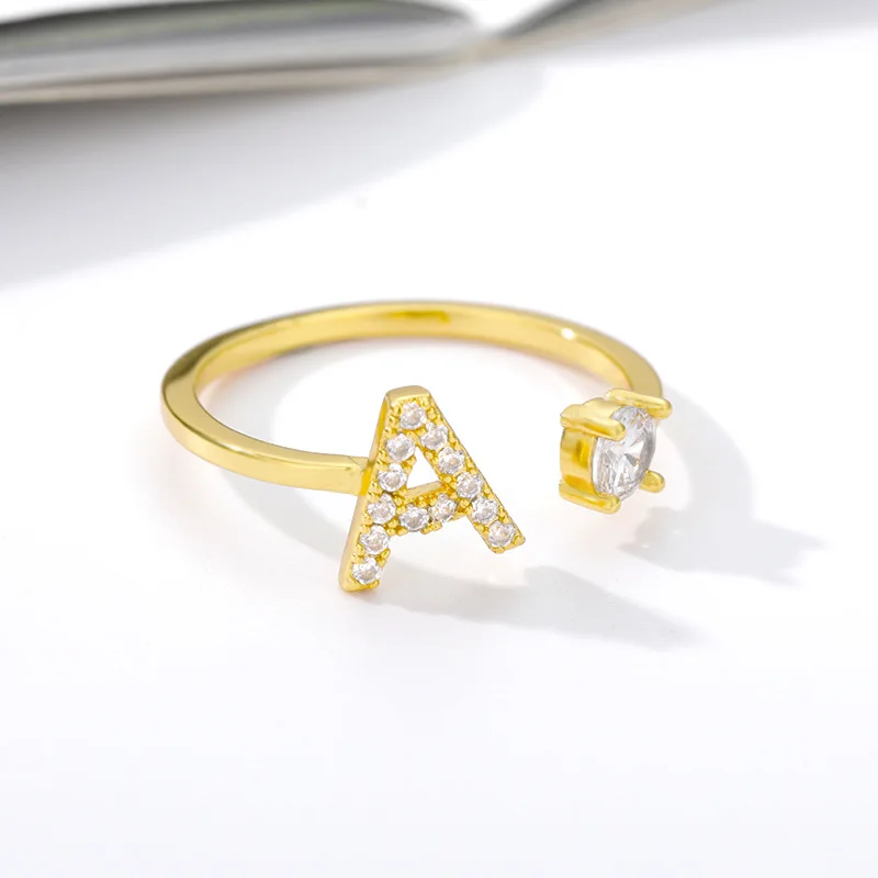 RSM005 Adjustable Stainless Steel Finger Ring with Gold Plated Oval Cut Diamond Initial Initial 'A' Ring