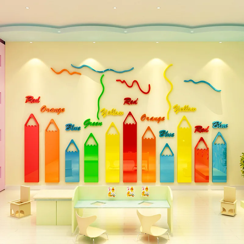 Creative Educational Self Adhesive Big Size 3D Acrylic Wall Sticker with Cartoon Design for Home Decoration Color Recognition