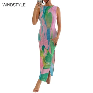 Summer Elegant Satin Dress Sexy Side Split Sleeveless Knee-Length Party Dress Breathable Woven Fabric Print Pattern Day