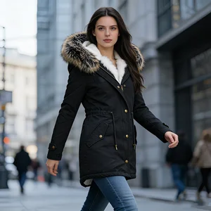 Women's Windproof Hooded Coats and Jackets Mid-length Winter Warm Overcoat with Drawstring Fur Collar Parkas