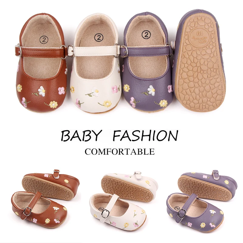 Beautiful Flower Embroidery Soft PU Leather Princess Baby Girl Shoes Toddler Shoes for Girls Baby Walking Shoes manufacture
