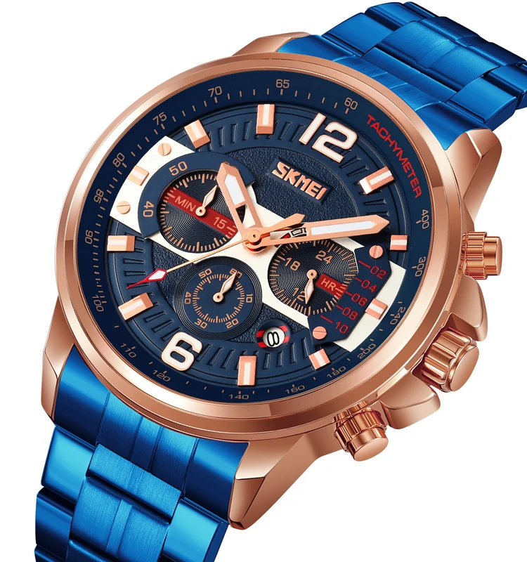 Skmei 9332 High Quality Custom Logo Men Quartz Watch Best Stainless Steel Band 3 Dials Chronograph Storage Business Watch Factor