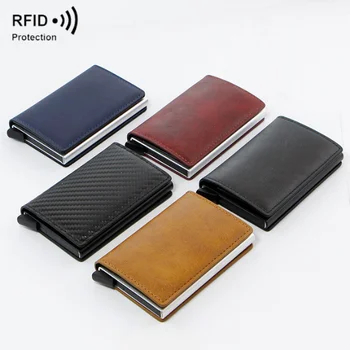 PU leather men rfid blocking wallet leather credit card holder retractable id card holder with pop up function for gifts