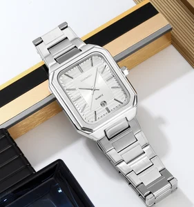 SKMEI 9373 Men's Quartz Watch Zinc Alloy Case Stainless Steel Band Square Glass 3BAR Water Resistant Date Display Fashion