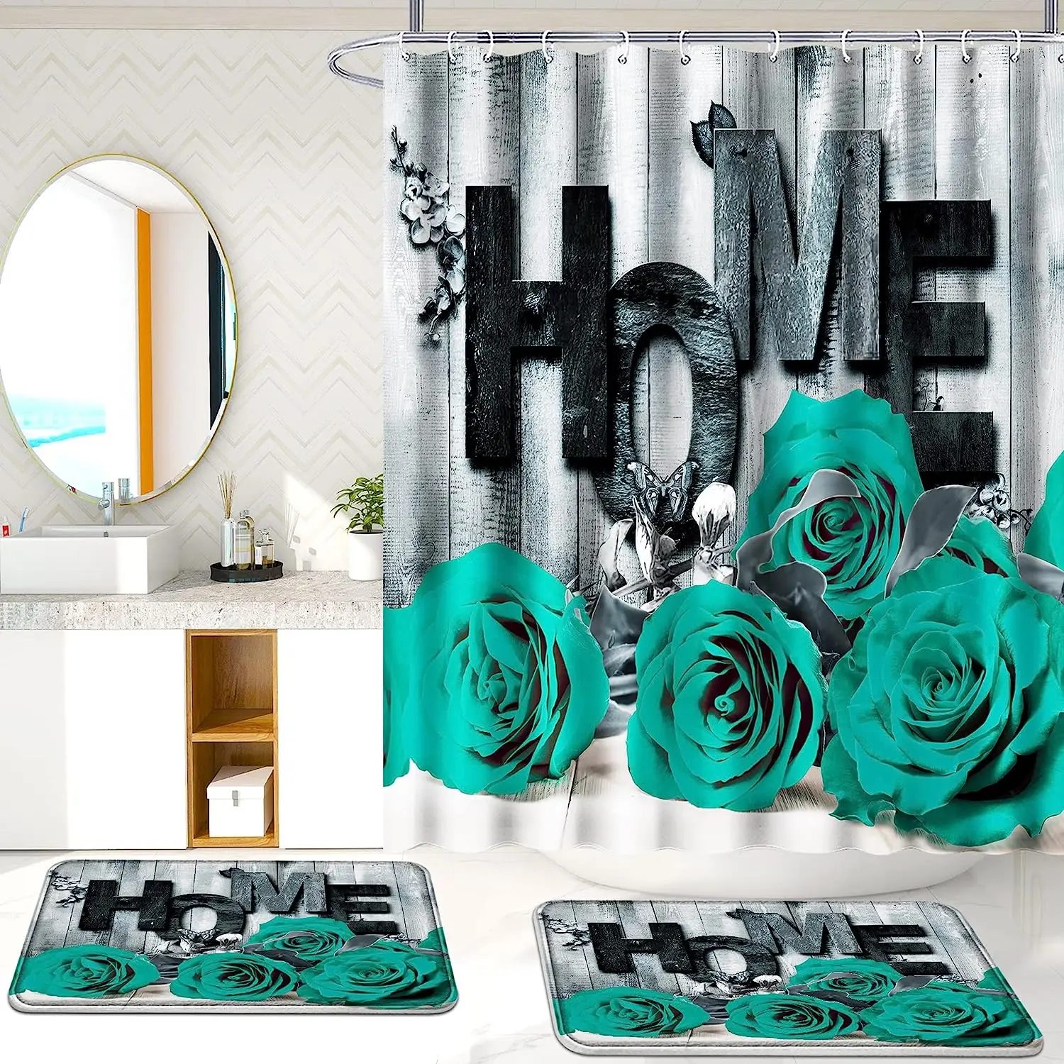 Unique Customize Design Luxury Brand Shower Curtain Set With Rugs
