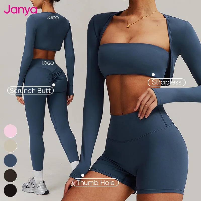 Janya 2025 Breathable Solid Women's Activewear Sports Suit Hot Sale 3 Piece Gym Fitness Sets Scrunch Butt Short Pants Shorts