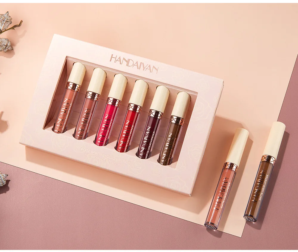 Оптовая продажа, 6 шт., один набор, матовый розовый блеск для губ, набор, антипригарный матовый блеск для губ, Подарочная коробка, жидкая губная помада для женщин