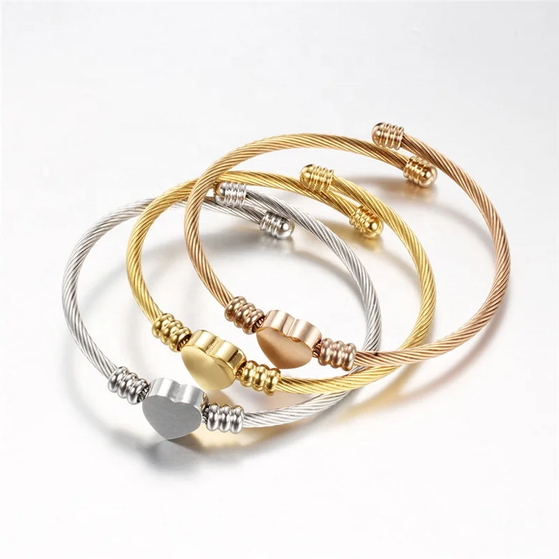 Adjustable Twisted Cable Stainless Steel Bangle with Heart Lock Charm