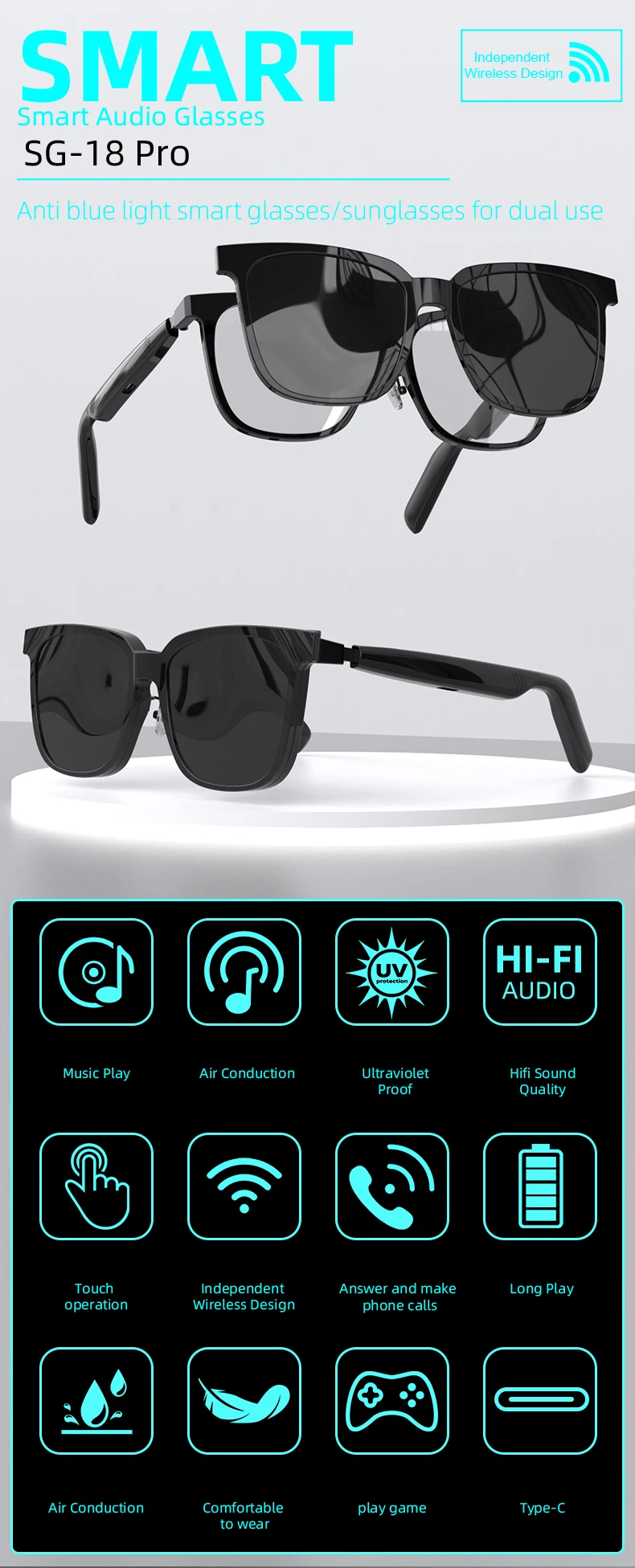 Welcome OEM Order, Factory Whole Selling Men Outdoor Sunglasses Sg18pro Smart Audio Glasses Bt Call Music Player Uv Protection Dual Lenses Smart Wearable Headset 2025 - Buy Music Smart Glasses smart Wearable Headset outdoor Sunglasses